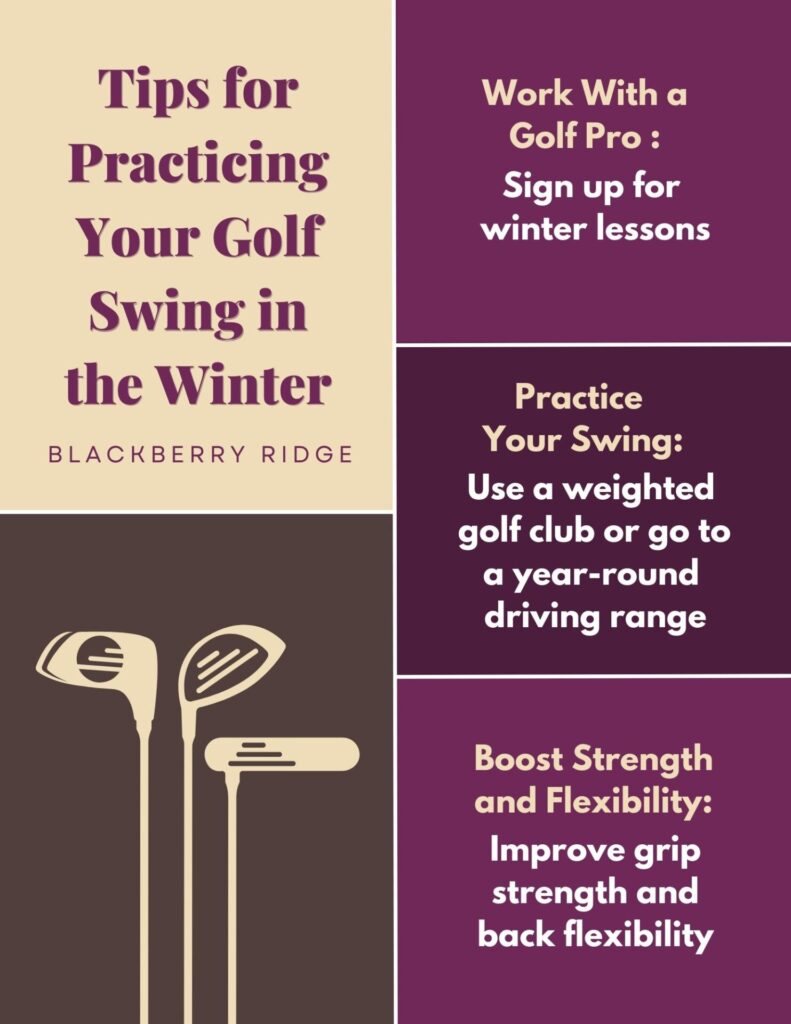 A list of steps golfers can take to improve their swing. Steps include "Work with a Golf Pro," " Practise Your Swing," and "Boost STrength and Flexibility." 