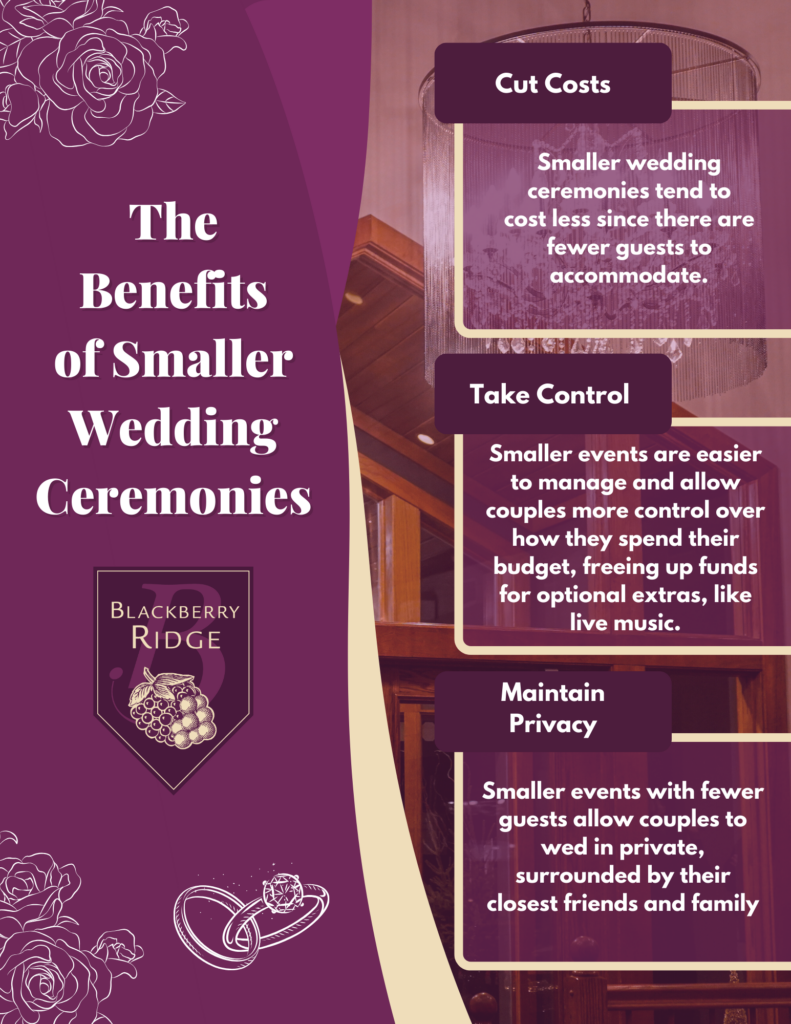 AN infographic explaining the benefits of small ceremonies. It has sections titled "maintain privacy," "take control," and "save money."