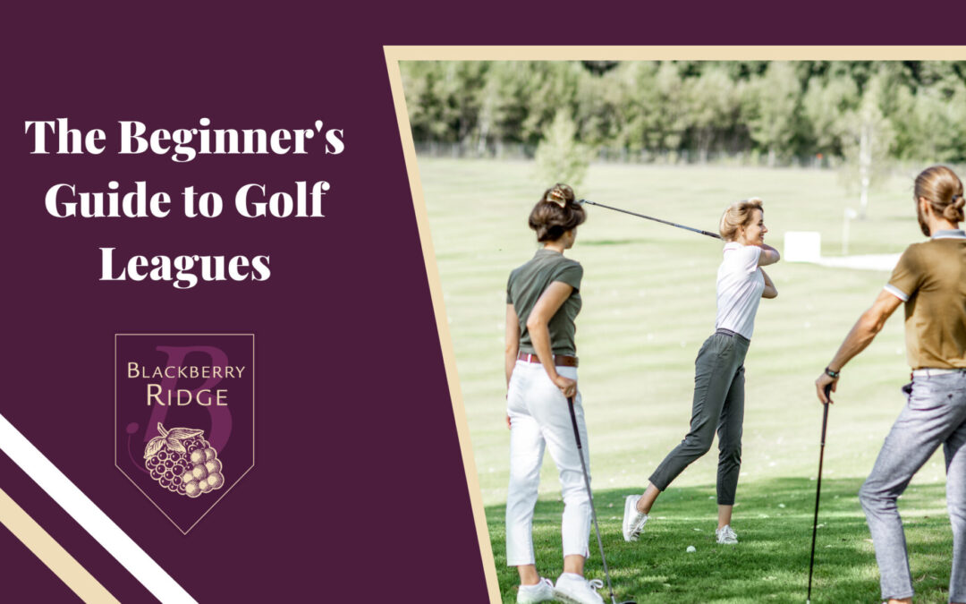 Women playing golf, text overlay that reads “The Beginner’s Guide to Golf Leagues”