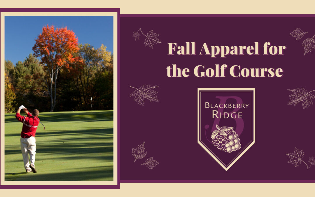 A male golfer in a red shirt hits a golf ball on a golf course. It is fall. The trees are red. The right half of the image features the Blackberry logo and text that reads “Fall Apparel for the Golf Course”