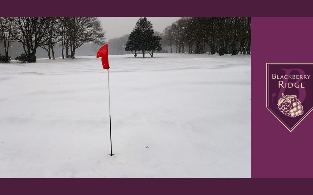 A golf course covered in snow. Sticking up out of the snow is a golf flag.