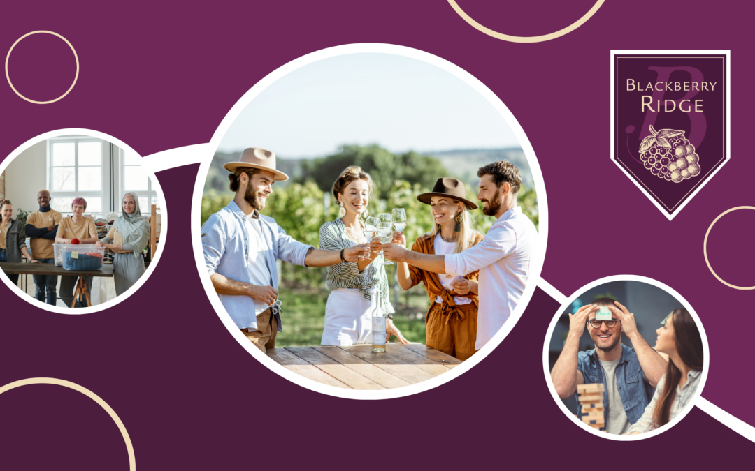 Several bubbles, each with a different picture, sit on a field of purple, next to the Blackberry Ridge Logo. The first bubble shows people setting up an event, the second shows a group of people enjoying wine, and the third shows two people playing a game.