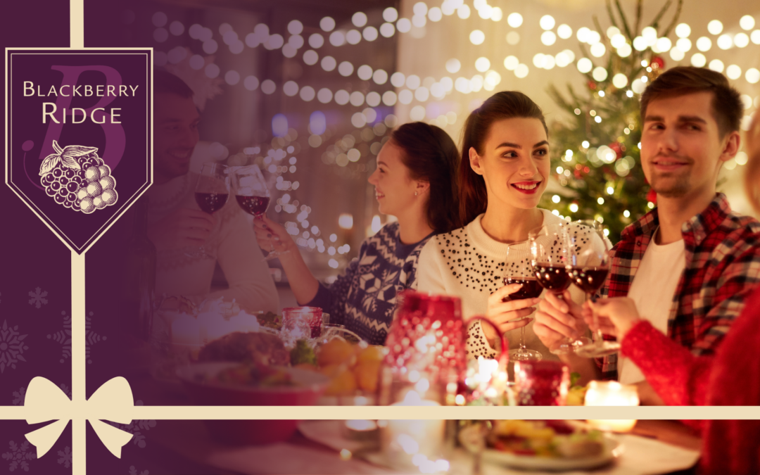 A young couple toasts to their friend at a holiday party. The woman is wearing a white dress with black sparkle highlights, and the man is wearing a flannel jacket. The other guests at the dinner table are likewise enjoying wine, turkey, and other holiday staples.