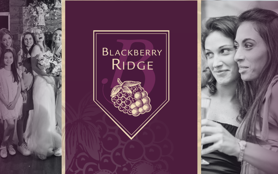 A pair of pictures taken at a wedding. The right picture features two women, each holding a drink, posing for a photo. The right picture is a family photo with the bride. In the center of the image is the Blackberry Ridge logo.