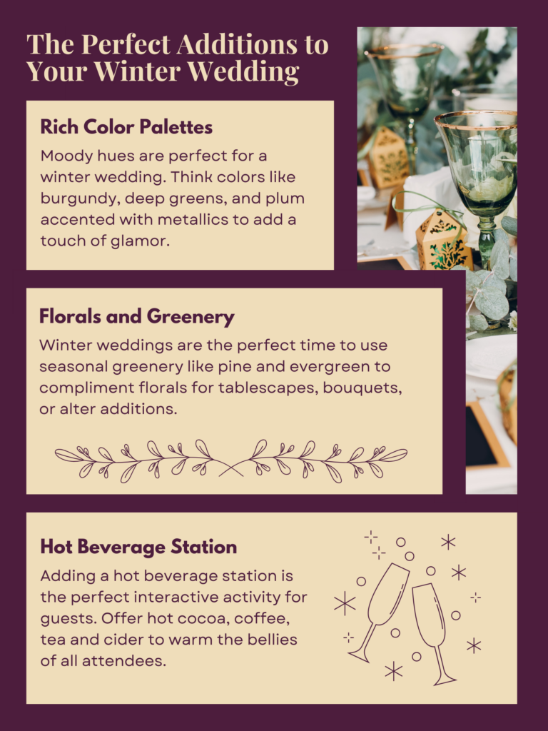 An infographic describing common aspects of a winter wedding. The listed additions include "Rich-Color Palettes," "Florals and Greenery," and "A Hot Beverage Station." 