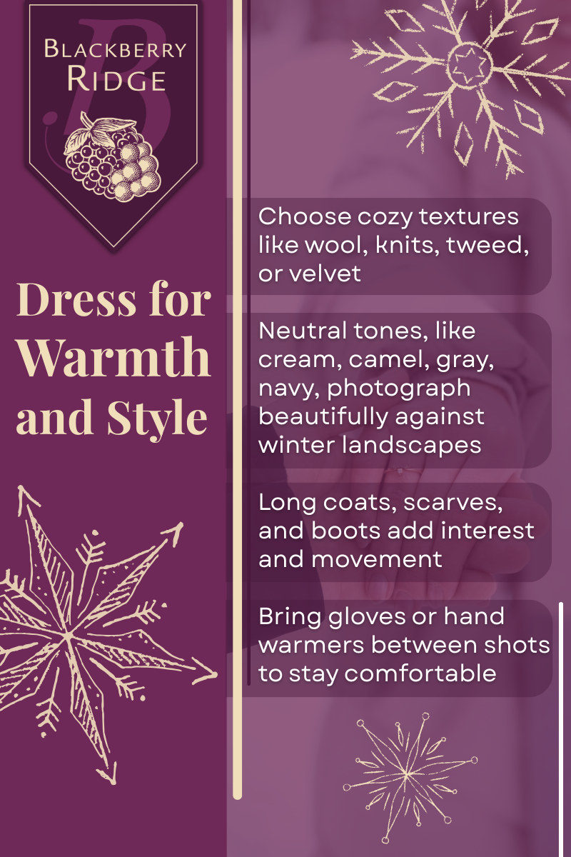 Infographic listing tips for dressing for warmth and style. Over a purple background with light yellow accents, along with the Blackberry Ridge logo in the top right corner.