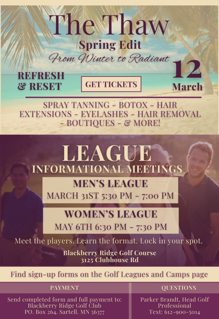 a Pop-up avertising upcomign events at BlackBerry Ridge: Thaw event and Golf Leagues